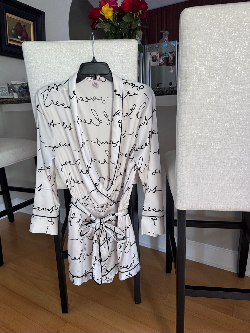 Victoria's Secret Cream Satin Script-Print Robe with Black Writing
